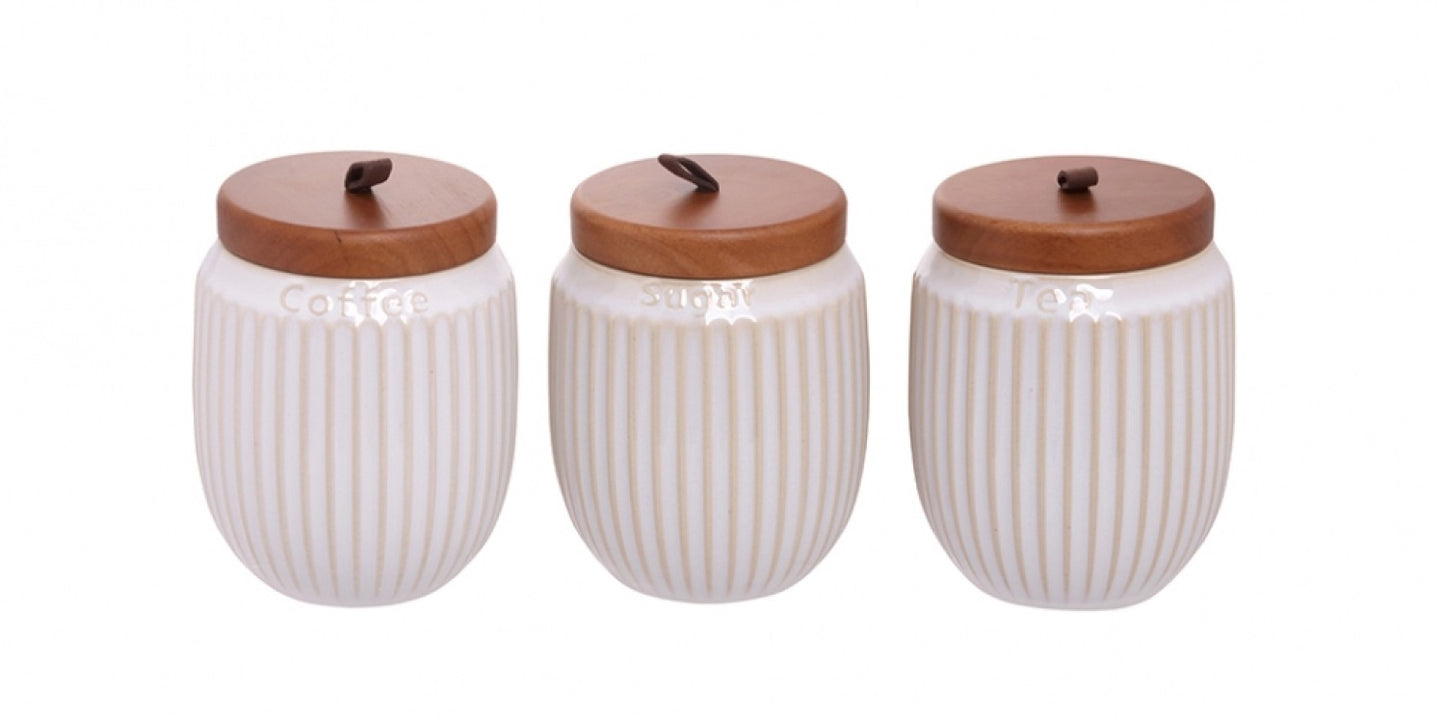 Ribbed Ceramic Storage Jar Set with Wooden Lids – Set of 3