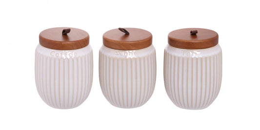 Ribbed Ceramic Storage Jar Set with Wooden Lids – Set of 3