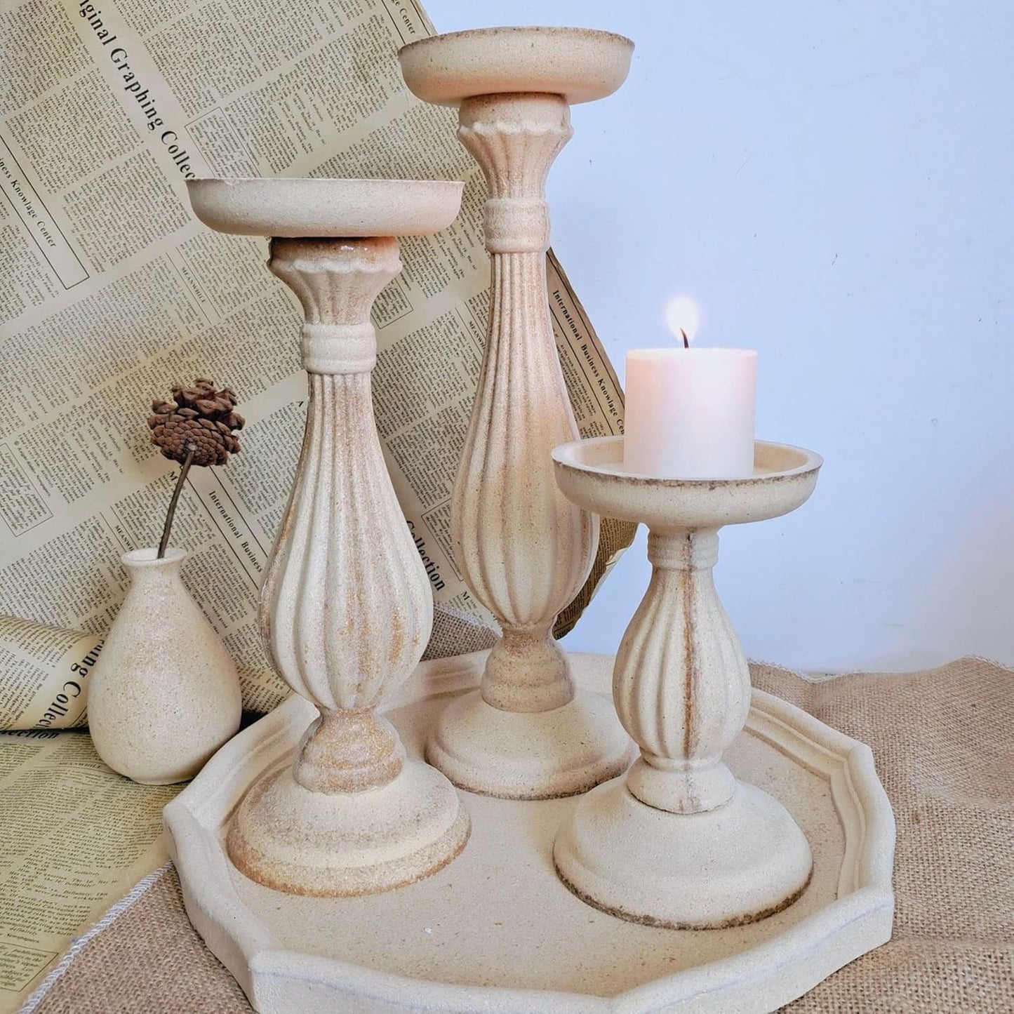 Distressed White Pillar Candle Holder - medium size