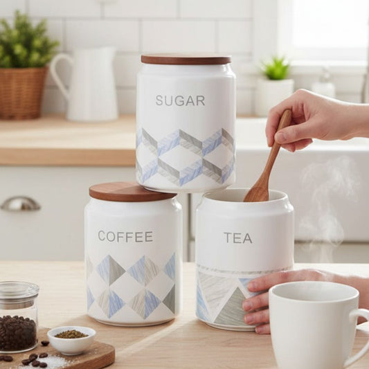 3-Piece Blue Patterned Canister Set – Tea, Coffee & Sugar