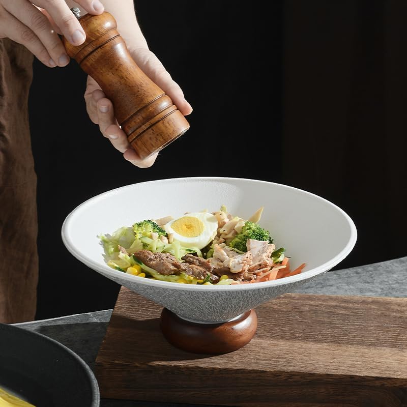 Modern Textured Ceramic Bowls with Wooden Base