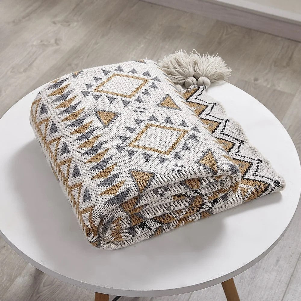 Boho Geometric Knitted Throw Blanket with Tassels
