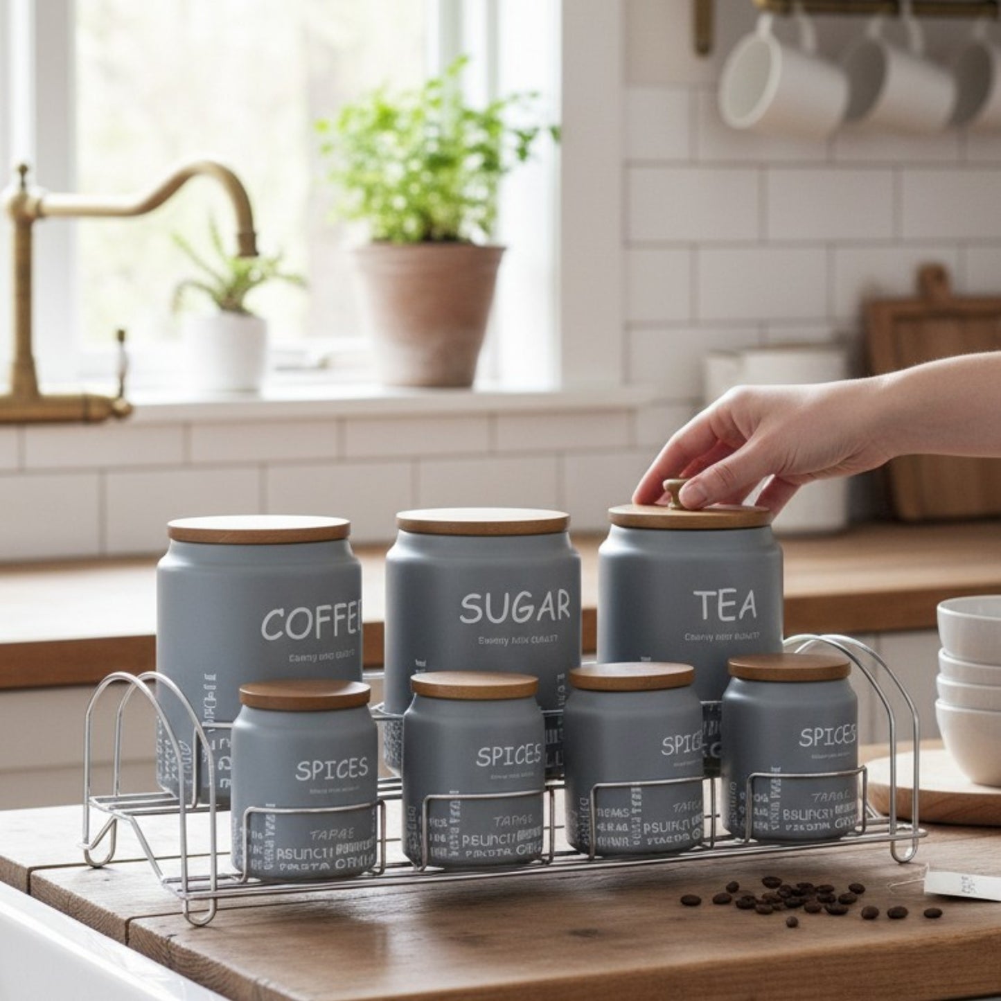 7-Piece Matte Grey Canister Set with Rack