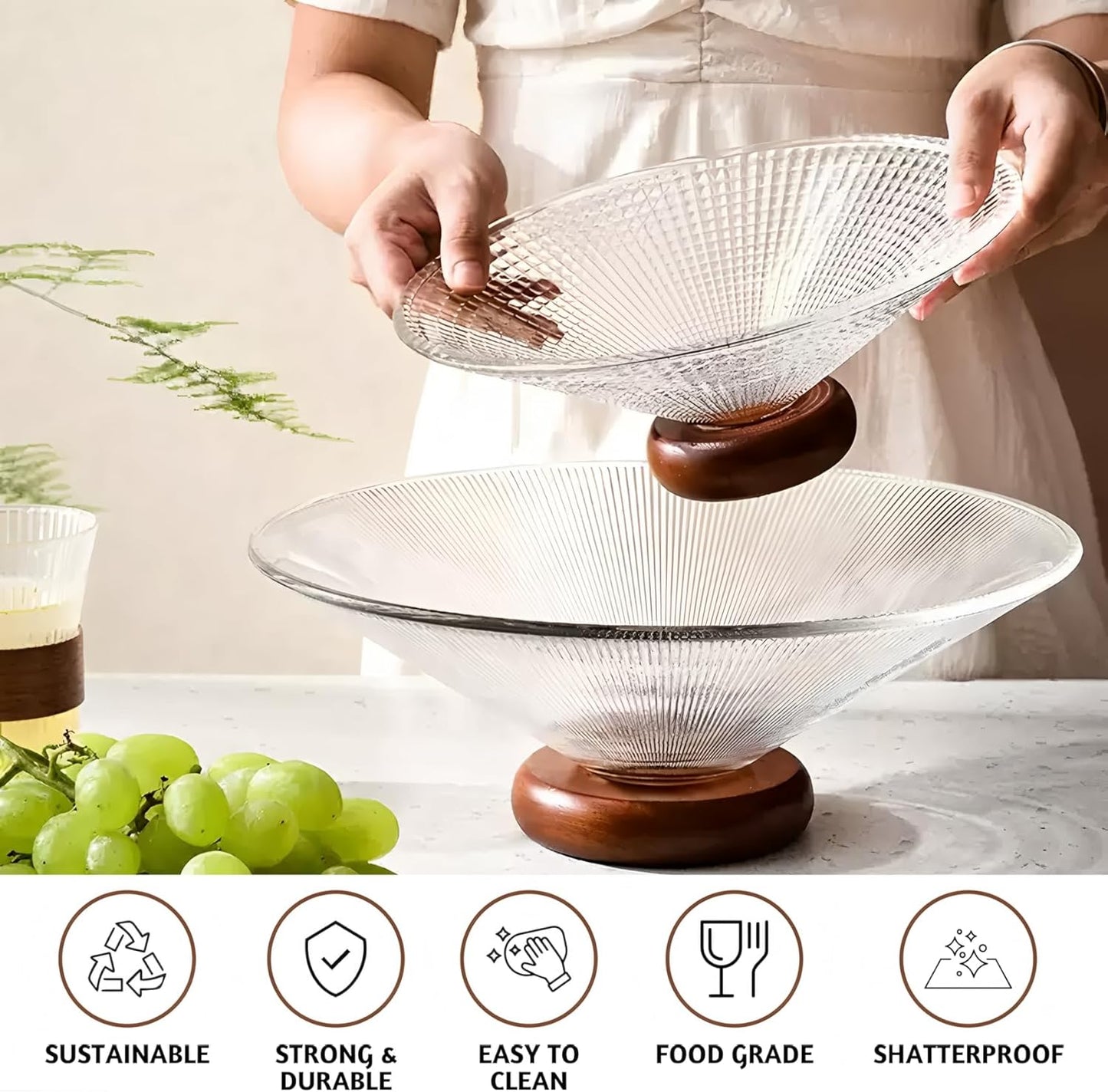 Ribbed Glass Serving Bowl with Wooden Base