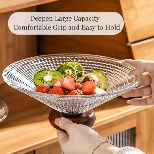 Ribbed Glass Serving Bowl with Wooden Base