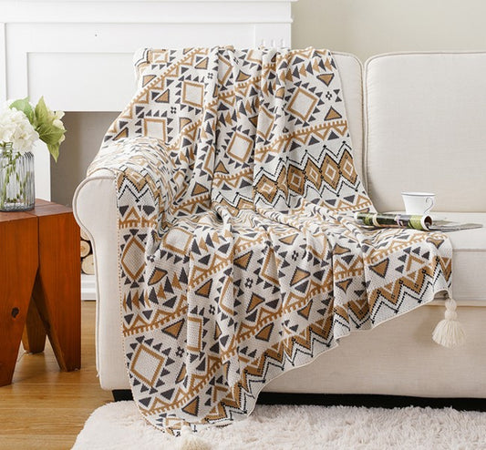 Boho Geometric Knitted Throw Blanket with Tassels