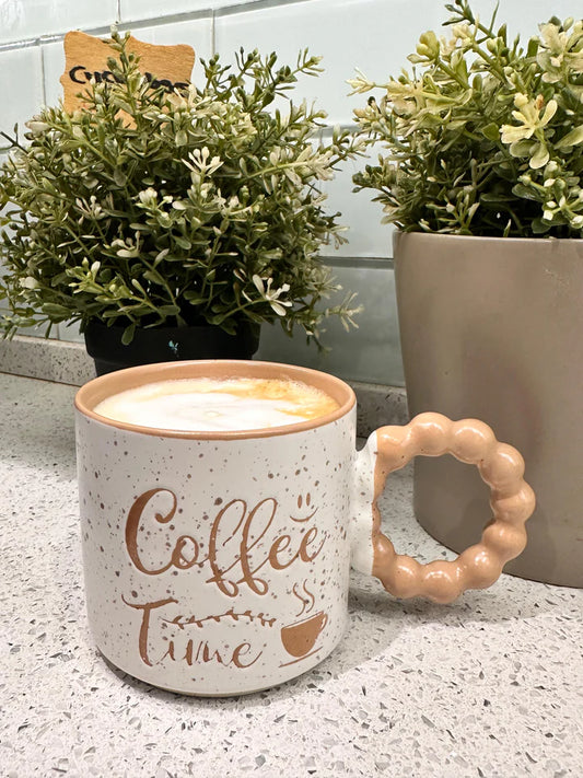 “Coffee Time” Speckled Ceramic Mugs with Bubble Handles