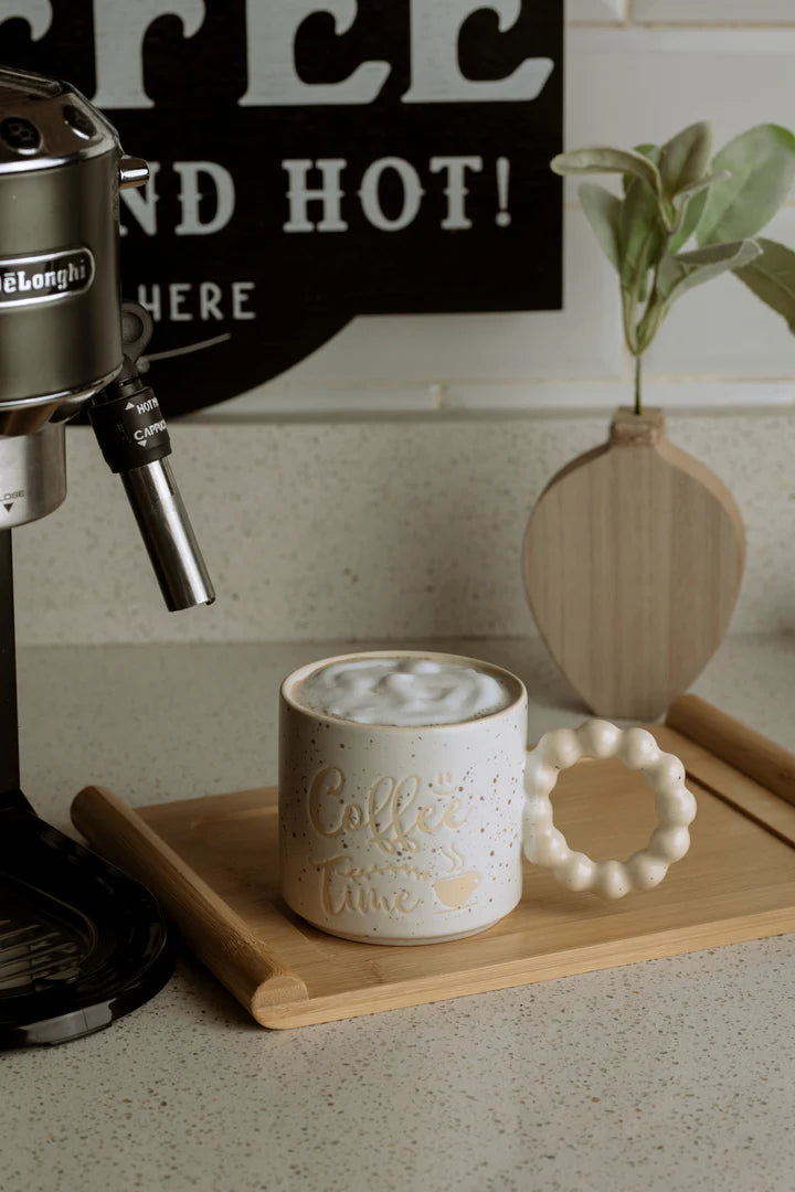 “Coffee Time” Speckled Ceramic Mugs with Bubble Handles