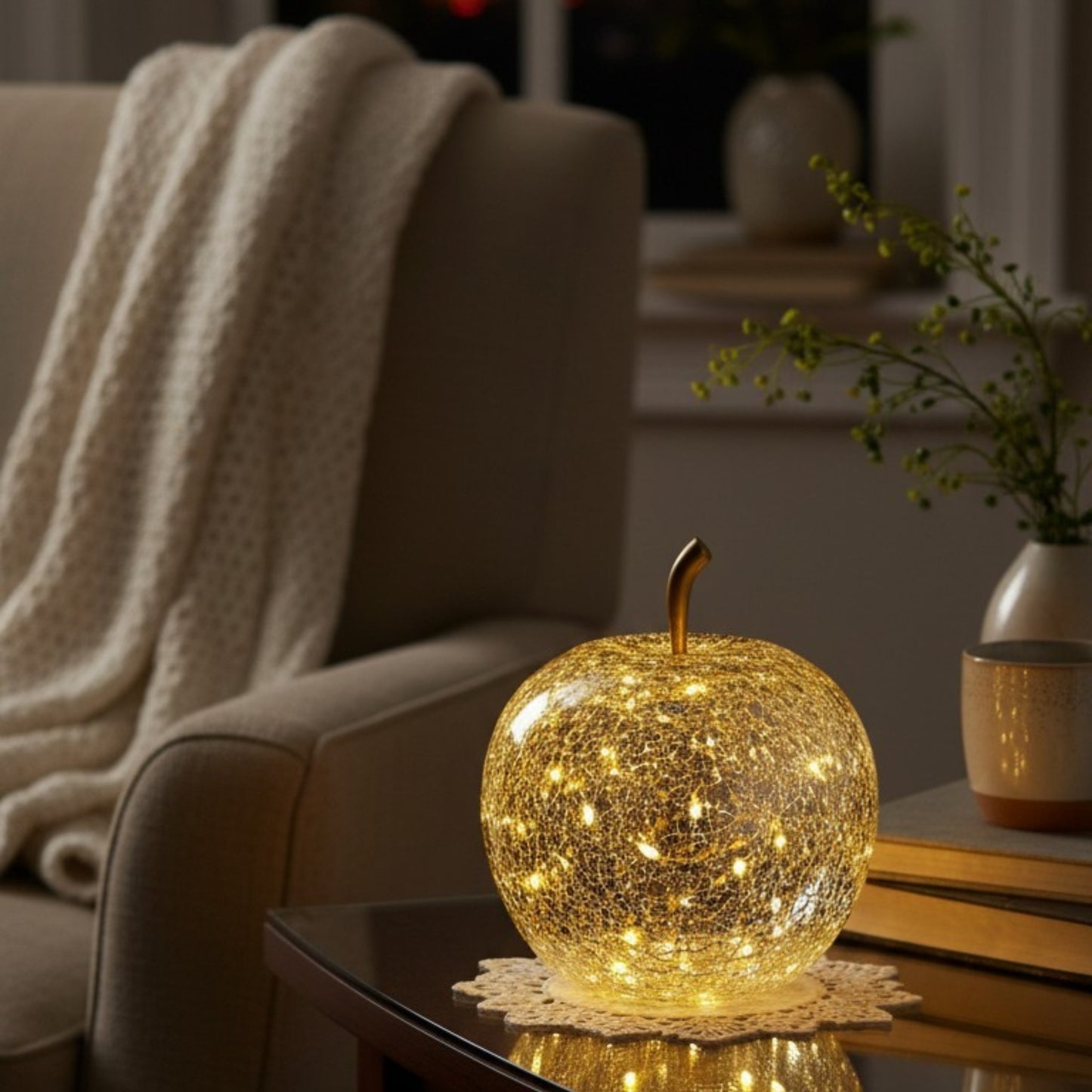 Crackled Glass Apple-Shaped LED Light Decor