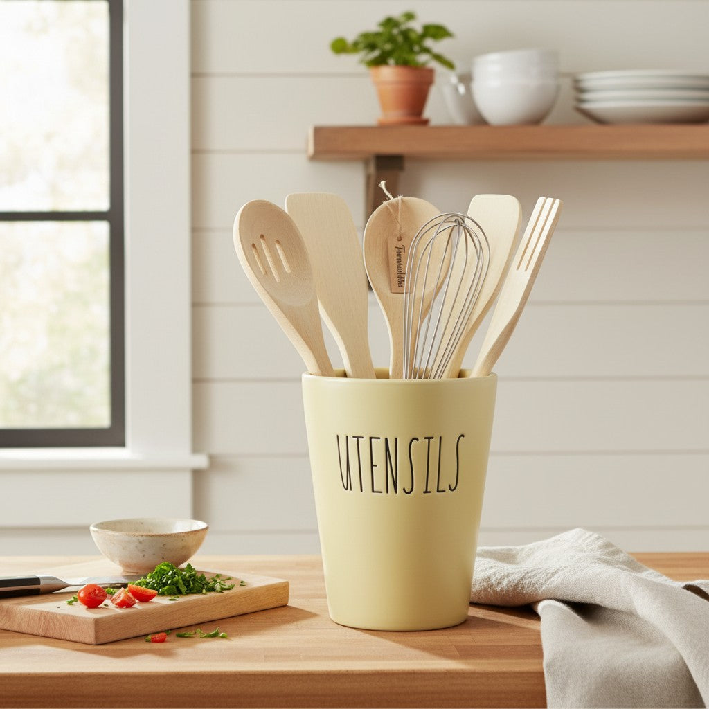 Cream Tapered Ceramic Utensil Holder – "Utensils" Print