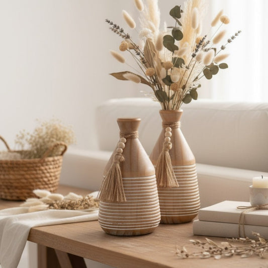 Decorative Wooden Vase Set with Beads and Tassels (11.5*11.5*23)