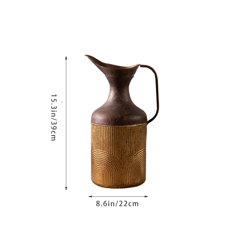 Tall Two-Tone Metal Jug Vase – Rustic Mustard & Bronze Finish