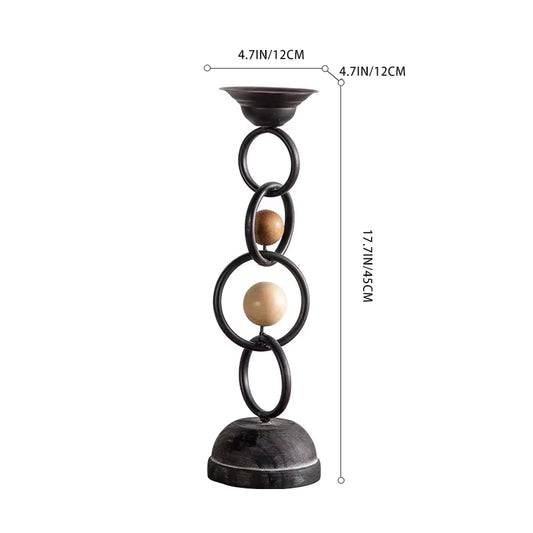 Sculptural Iron & Wood Pillar Candle Holder – Dual Orb Design