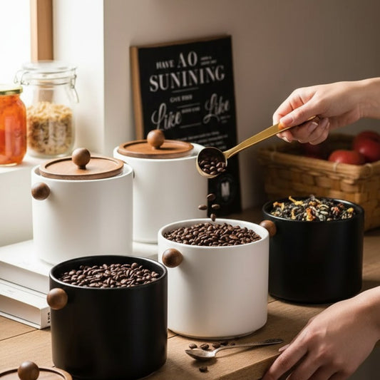 Minimalist Ceramic Storage Jar with Wooden Lid