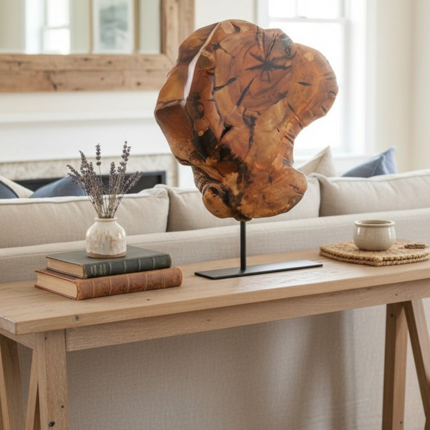 Natural Wood Abstract Sculpture on Stand