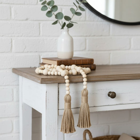 Natural Wooden Bead Garland with Jute Tassels