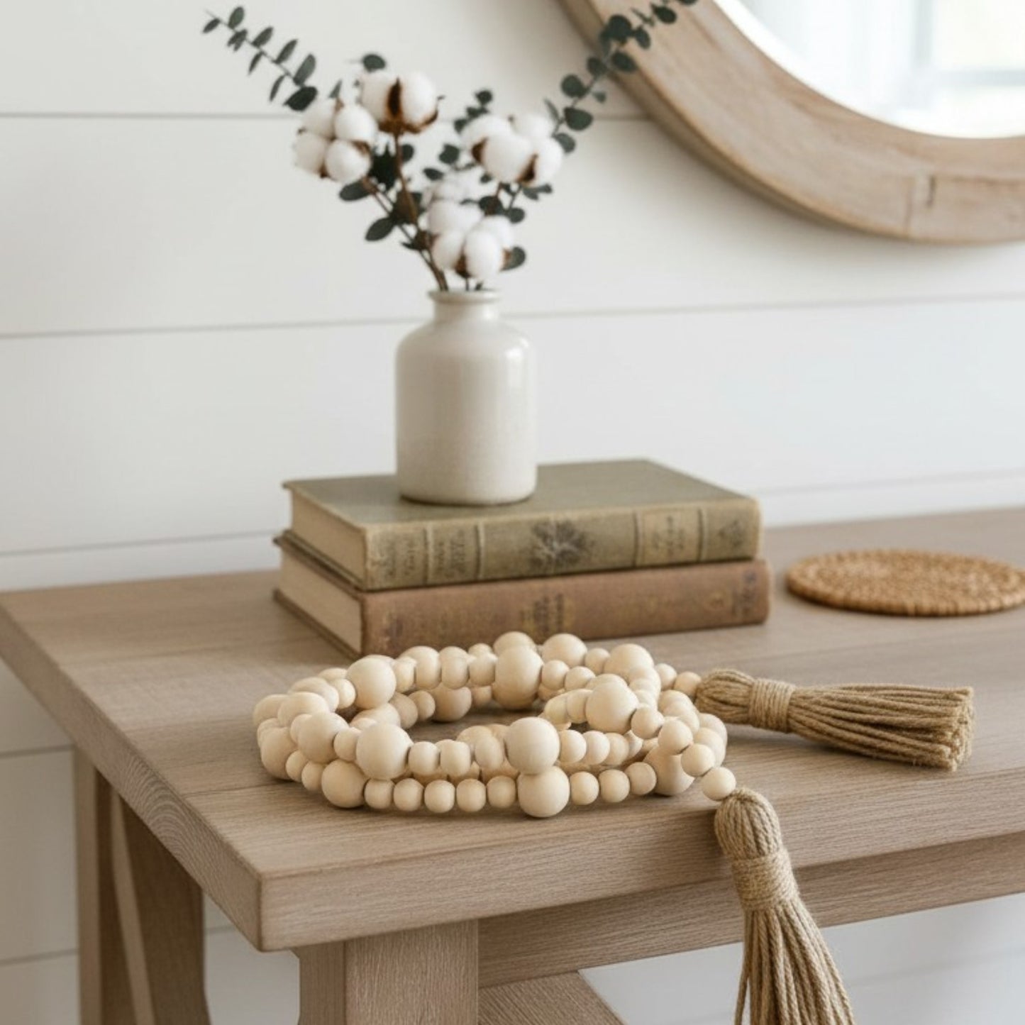 Natural Wooden Bead Garland with Jute Tassels