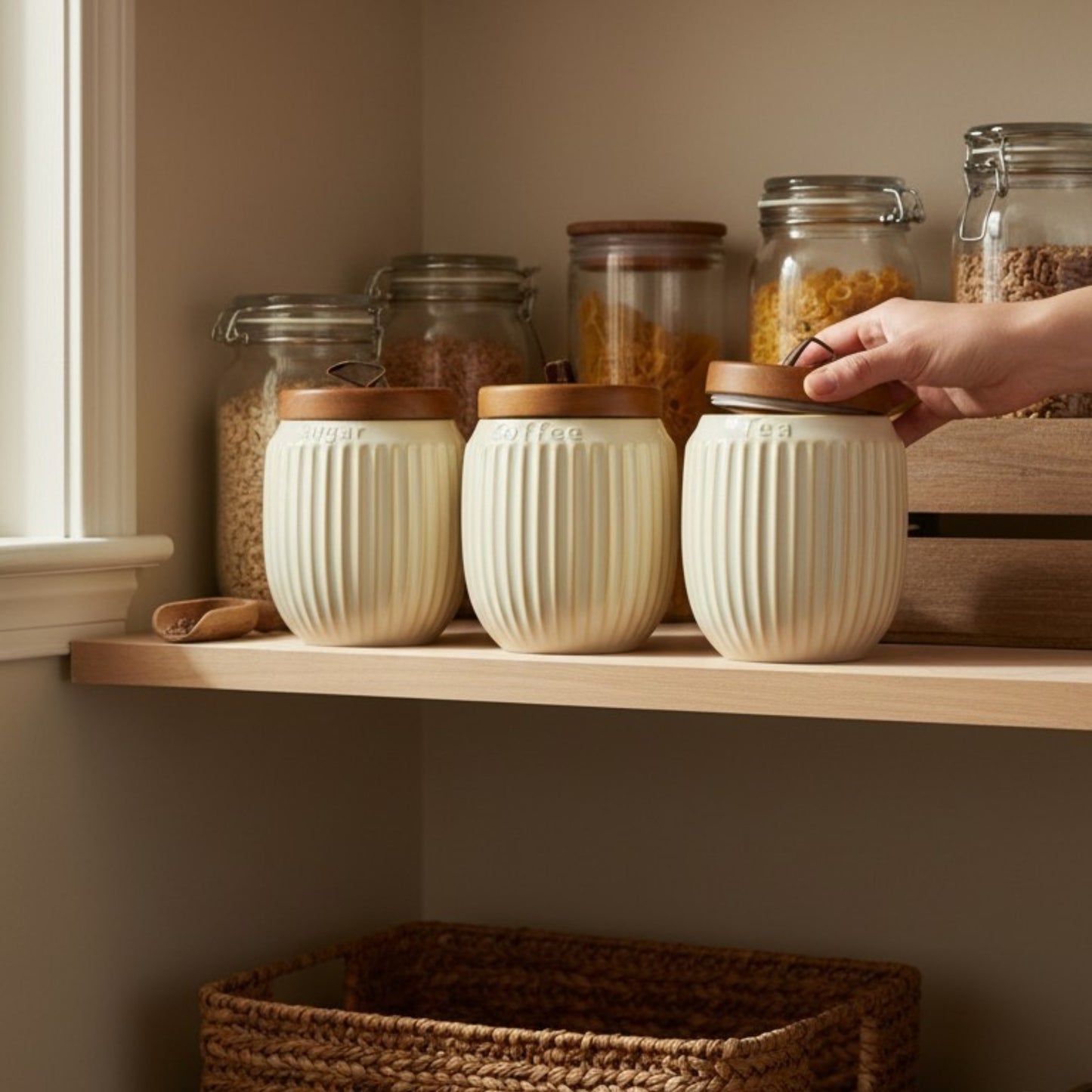 Ribbed Ceramic Storage Jar Set with Wooden Lids – Set of 3