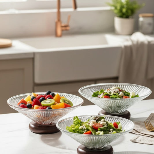 Ribbed Glass Serving Bowl with Wooden Base