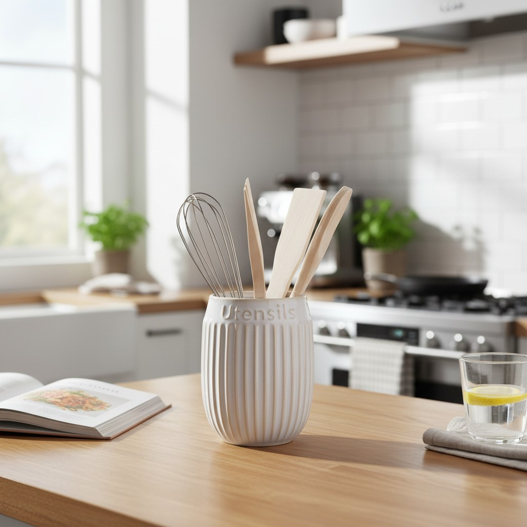 Ribbed White Ceramic Utensil Holder