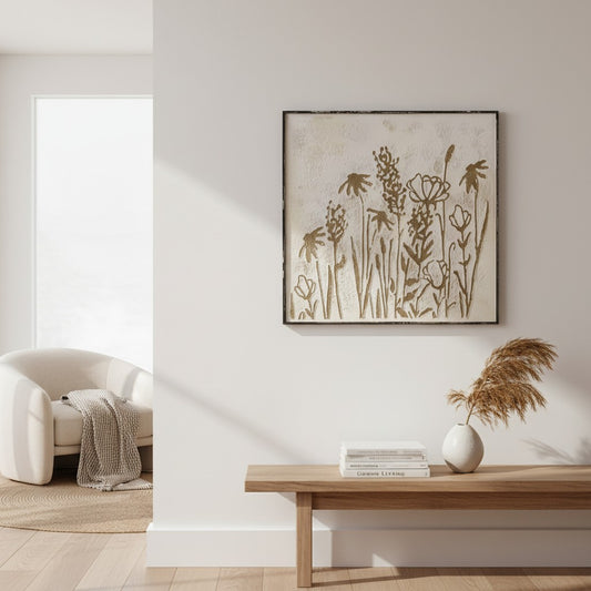 Rustic Floral Metal Wall Art – Framed Embossed Botanical Design