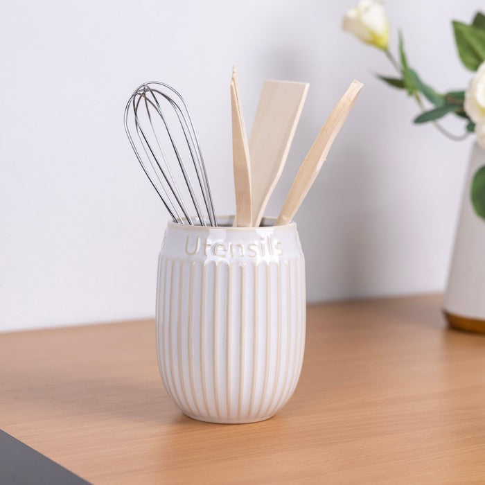 Ribbed White Ceramic Utensil Holder