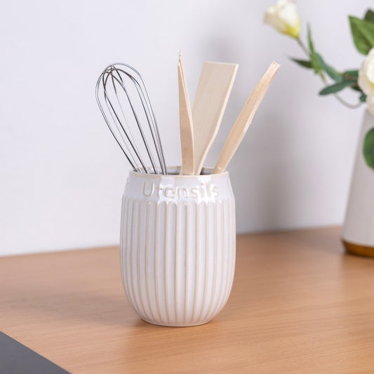 Ribbed White Ceramic Utensil Holder