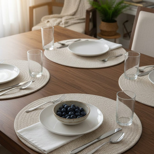 Woven Round Placemats – Beige & White Zigzag