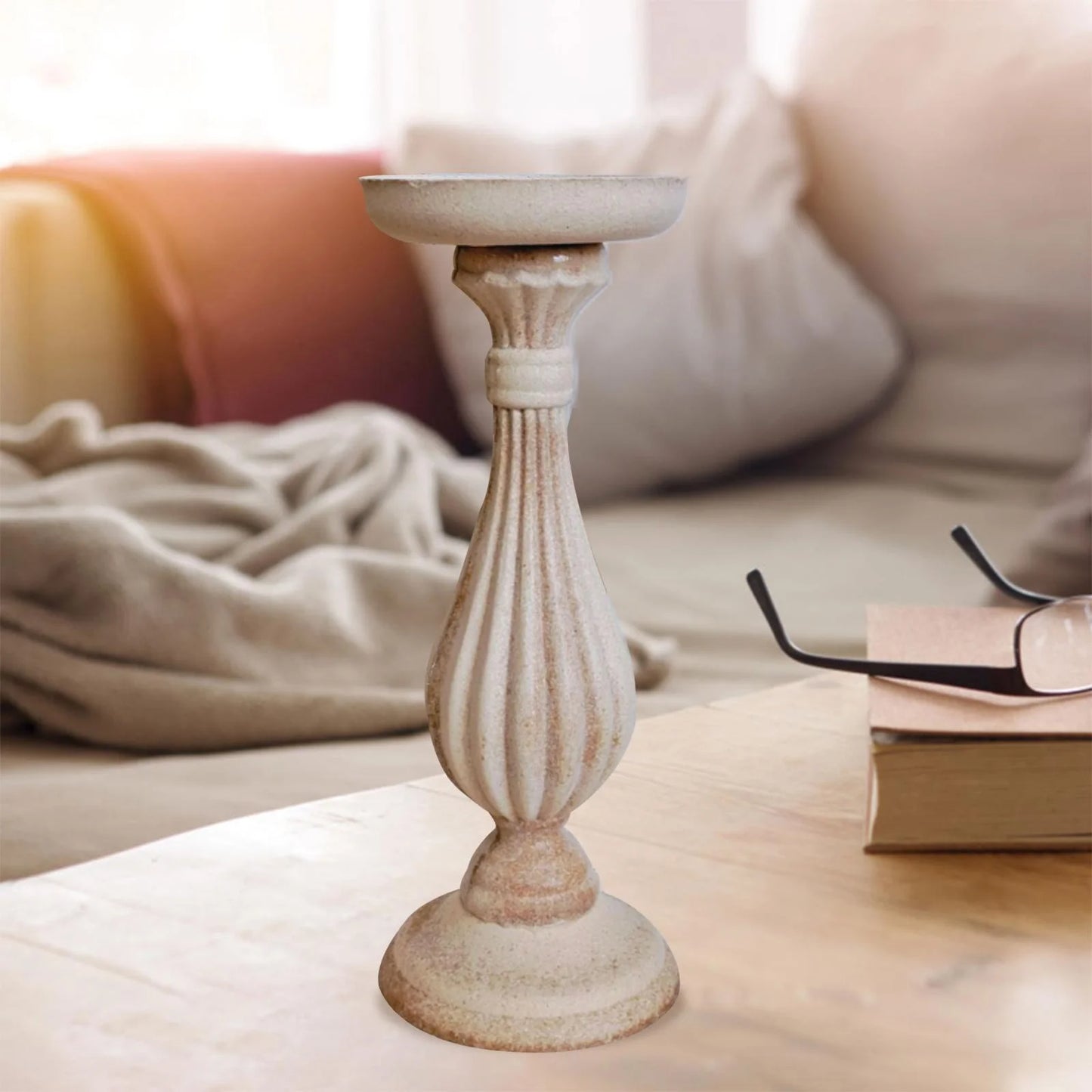 Distressed White Pillar Candle Holder - large size