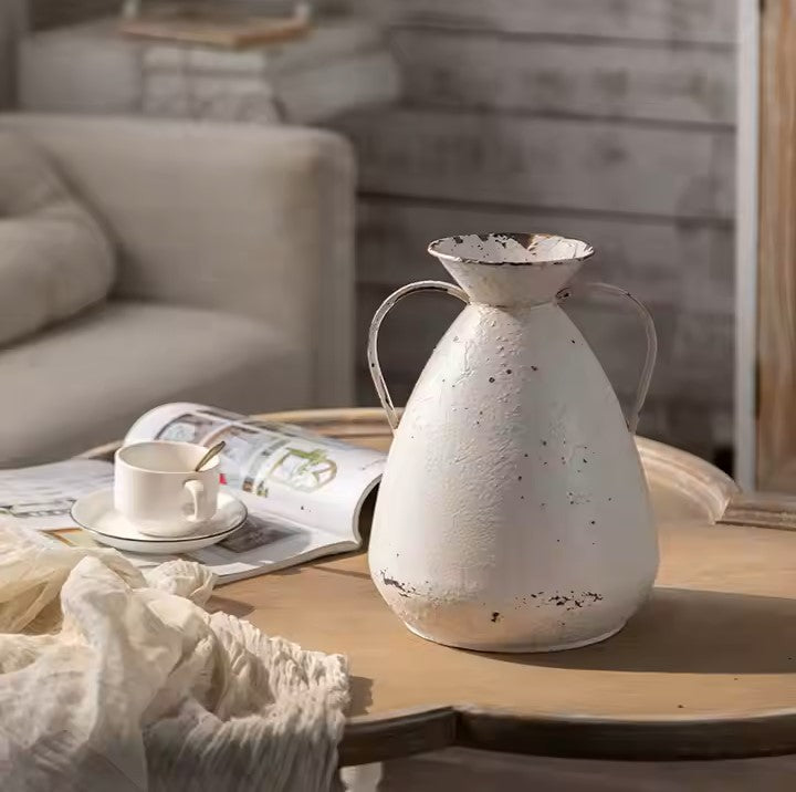 Distressed White Metal Jug Vase – Rustic Farmhouse Accent