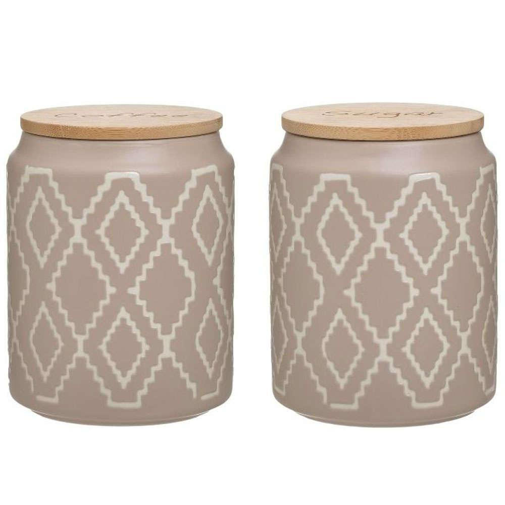 Geometric Taupe Ceramic Jar Set with Wooden Lids – Set of 3