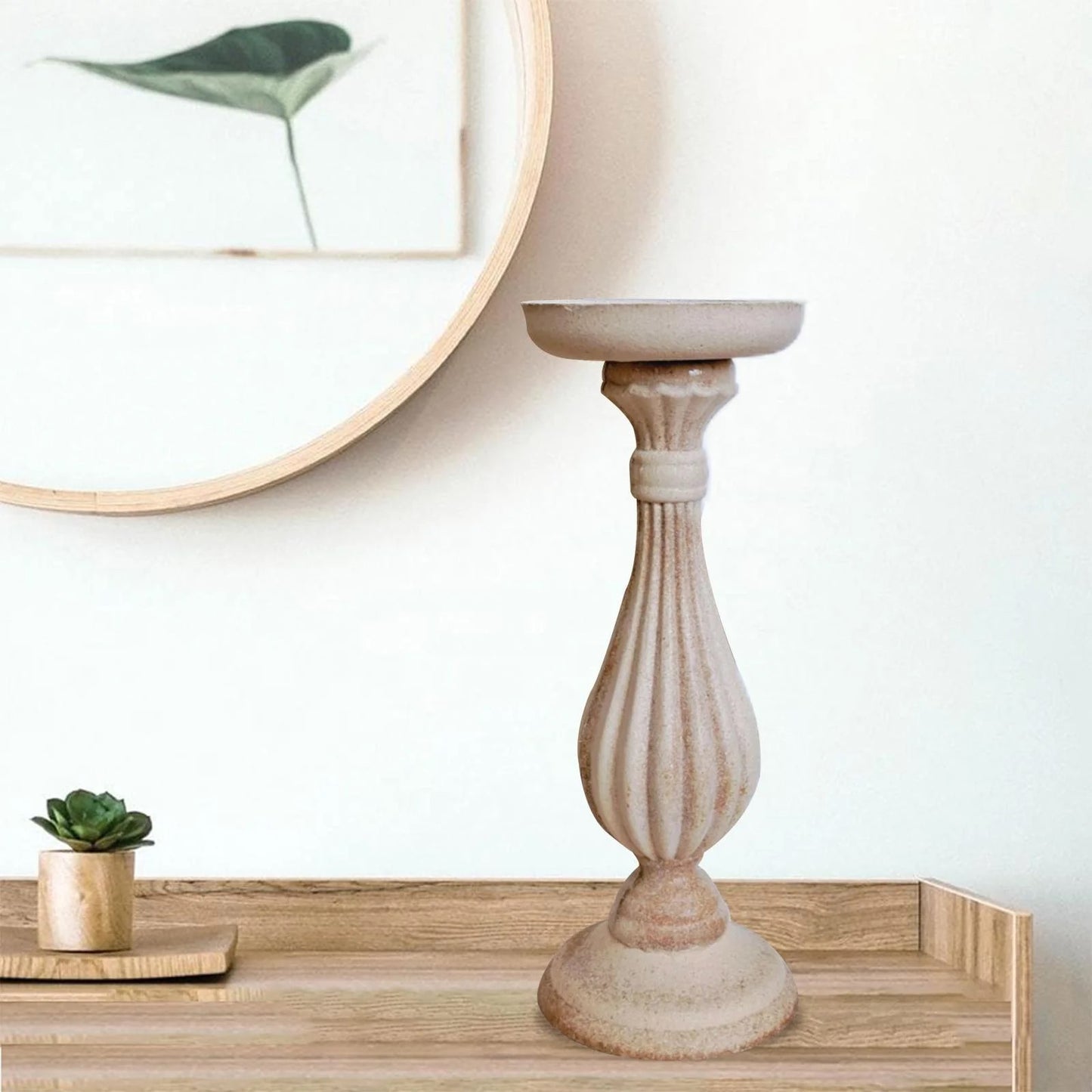 Distressed White Pillar Candle Holder - medium size