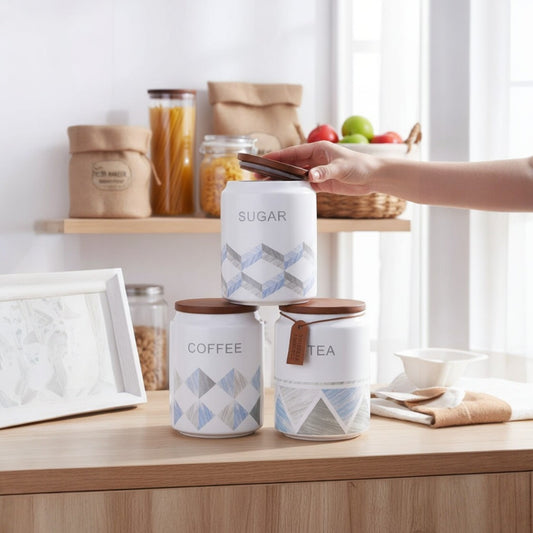 3-Piece Blue Patterned Canister Set – Tea, Coffee & Sugar