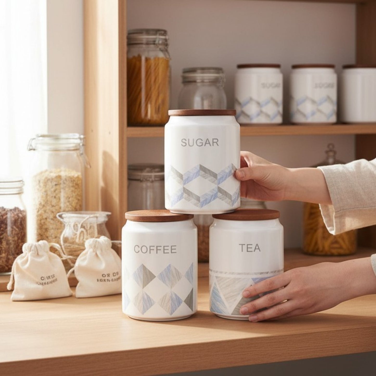 3-Piece Blue Patterned Canister Set – Tea, Coffee & Sugar