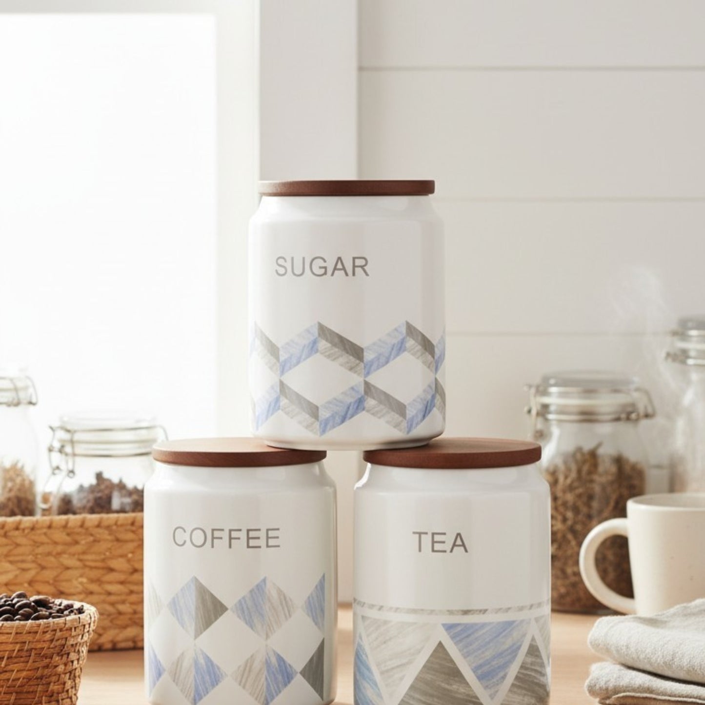 3-Piece Blue Patterned Canister Set – Tea, Coffee & Sugar