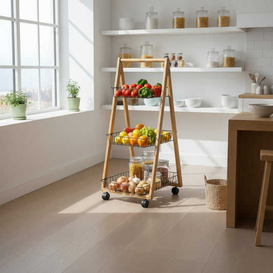 3-Tier Wooden & Rolling Storage Rack