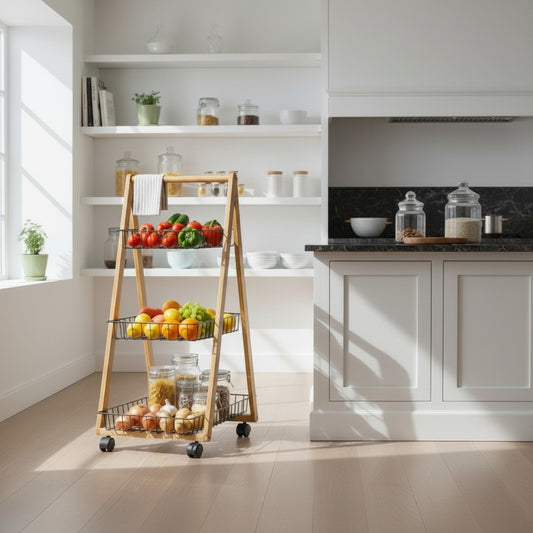 3-Tier Wooden & Rolling Storage Rack