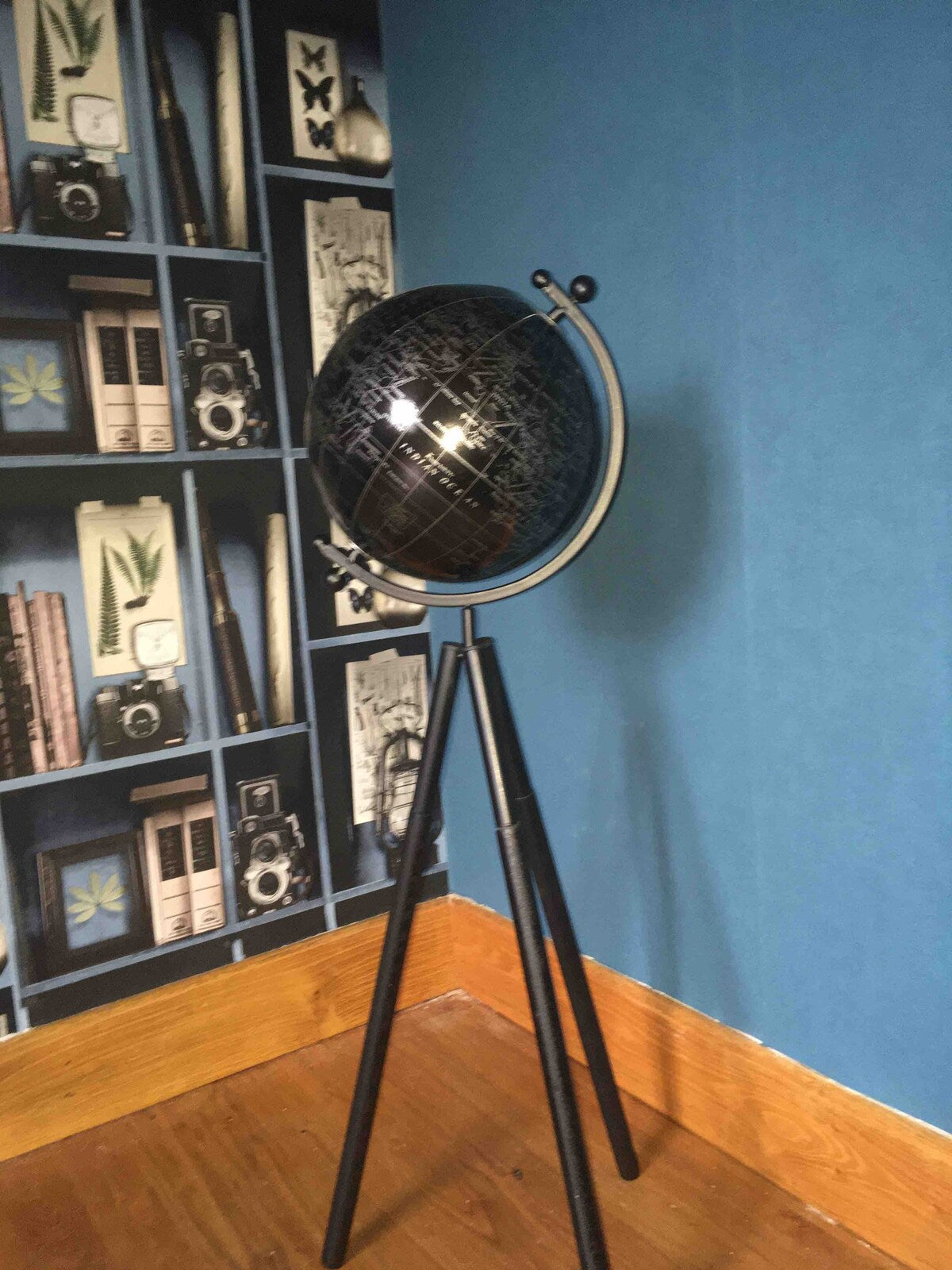 Black Tripod Globe Rotating Décor