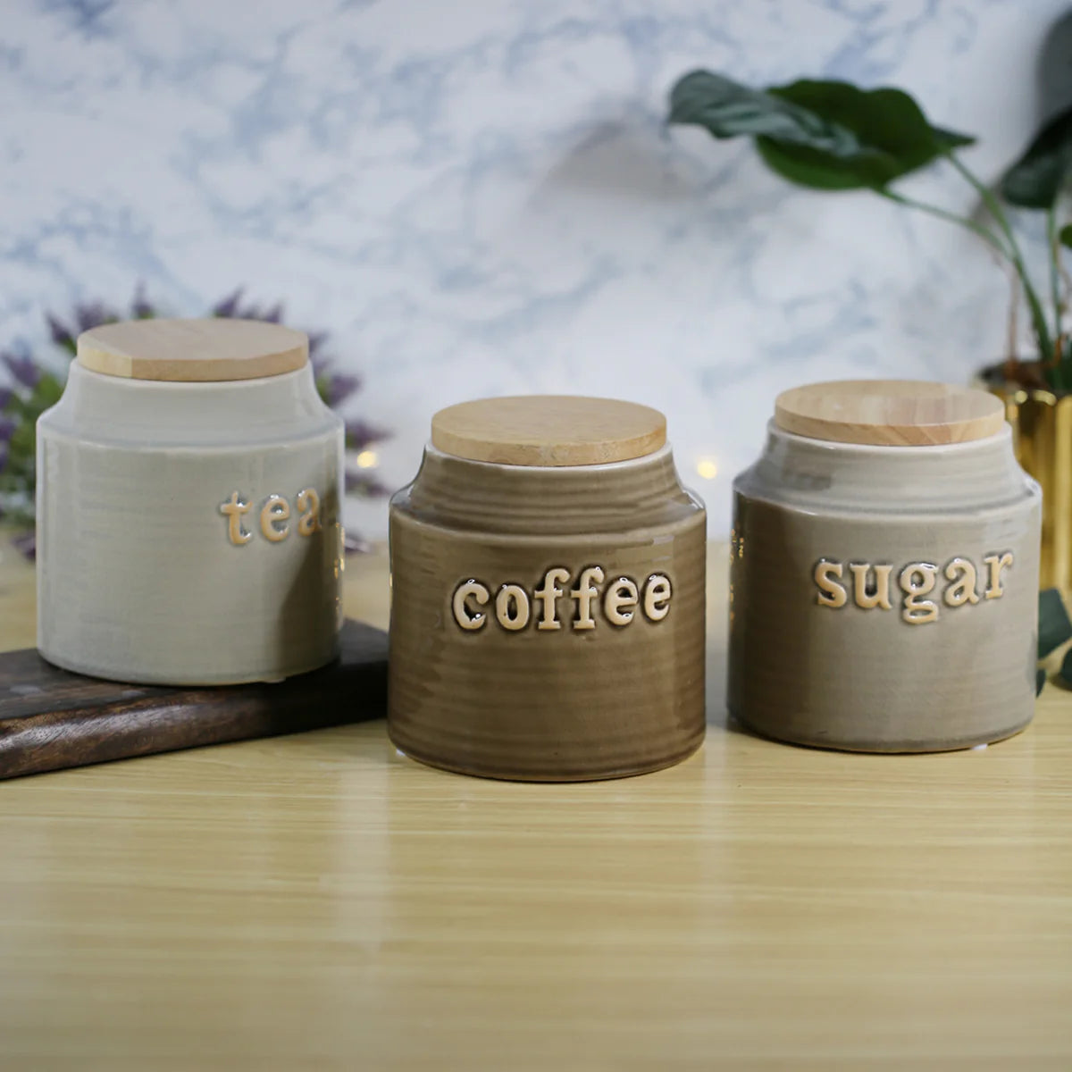 Embossed Ceramic Tea, Coffee & Sugar Canister Set (set of 3)