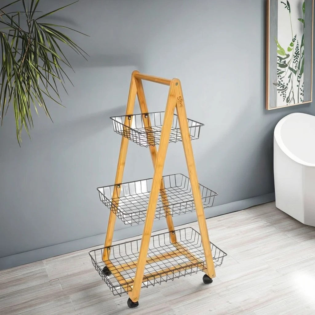 3-Tier Wooden & Rolling Storage Rack