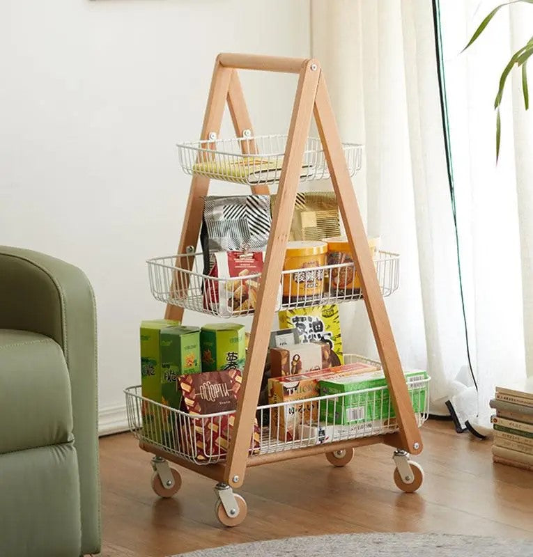 3-Tier Wooden & Rolling Storage Rack