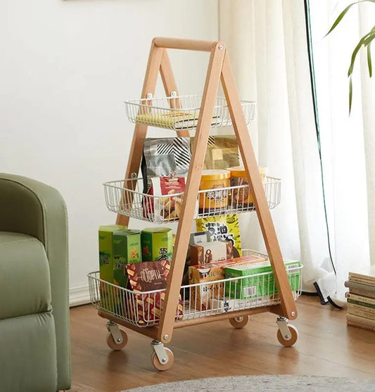 3-Tier Wooden & Rolling Storage Rack