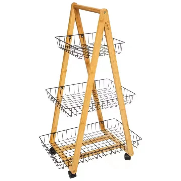 3-Tier Wooden & Rolling Storage Rack