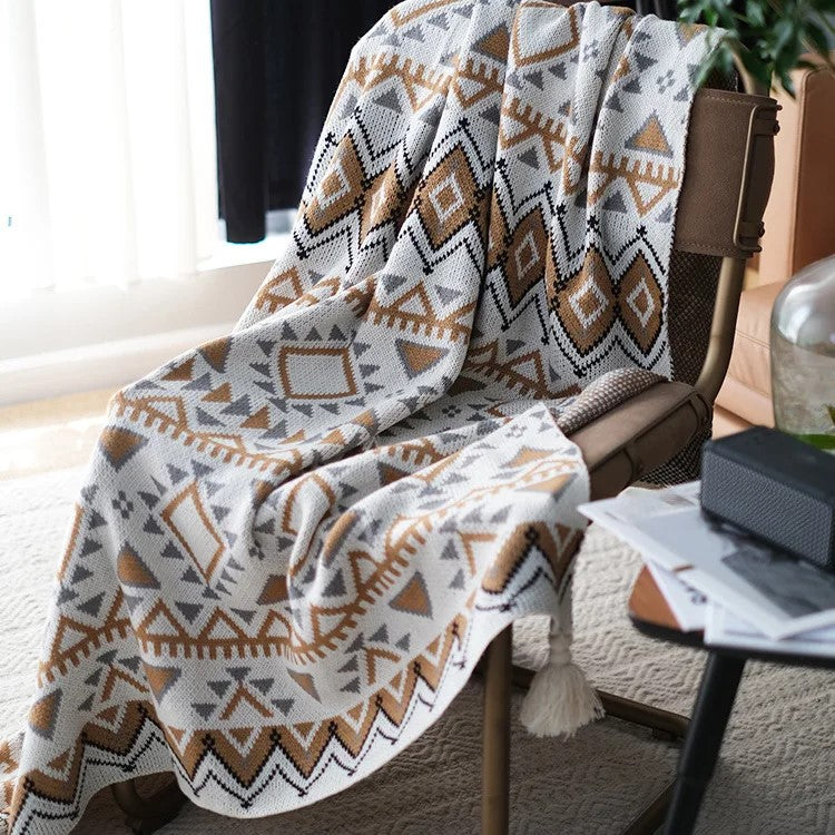 Boho Geometric Knitted Throw Blanket with Tassels