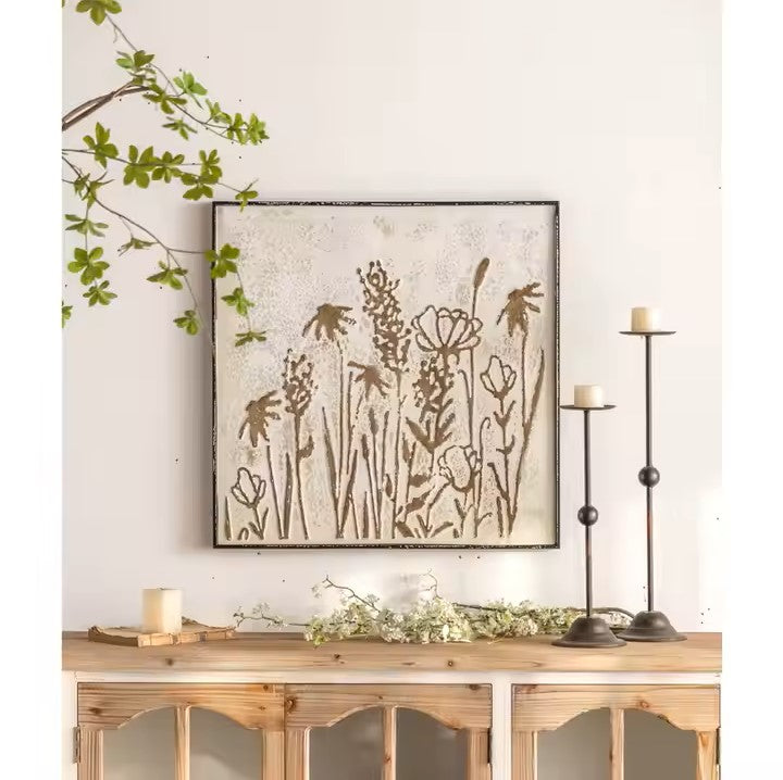 Rustic Floral Metal Wall Art – Framed Embossed Botanical Design