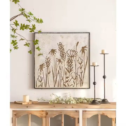 Rustic Floral Metal Wall Art – Framed Embossed Botanical Design