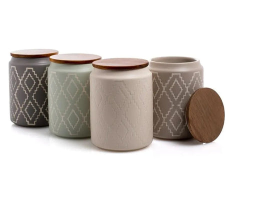 Geometric Taupe Ceramic Jar Set with Wooden Lids – Set of 3