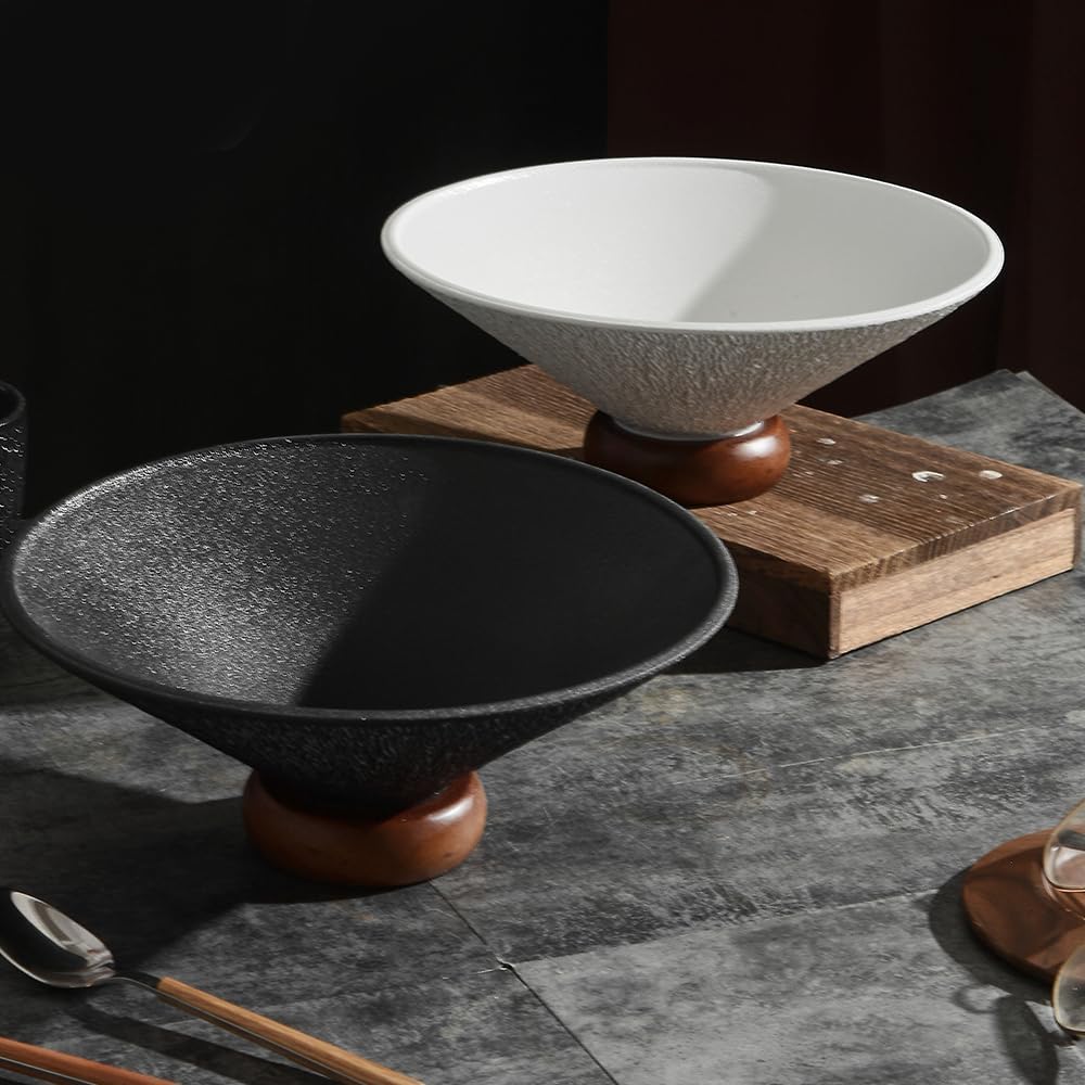 Modern Textured Ceramic Bowls with Wooden Base