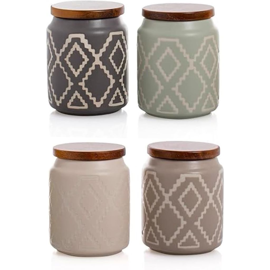 Geometric Taupe Ceramic Jar Set with Wooden Lids – Set of 3