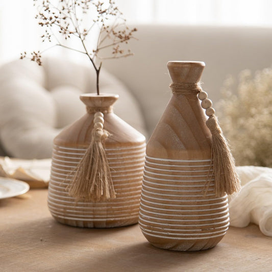 Decorative Wooden Vase Set with Beads and Tassels (15*15*18)